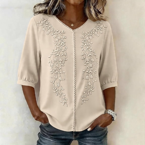 Womens Summer Cotton Linen Tops Elbow Length Sleeve V Neck Tshirts for Women Lightweight Pullover Casual Tees