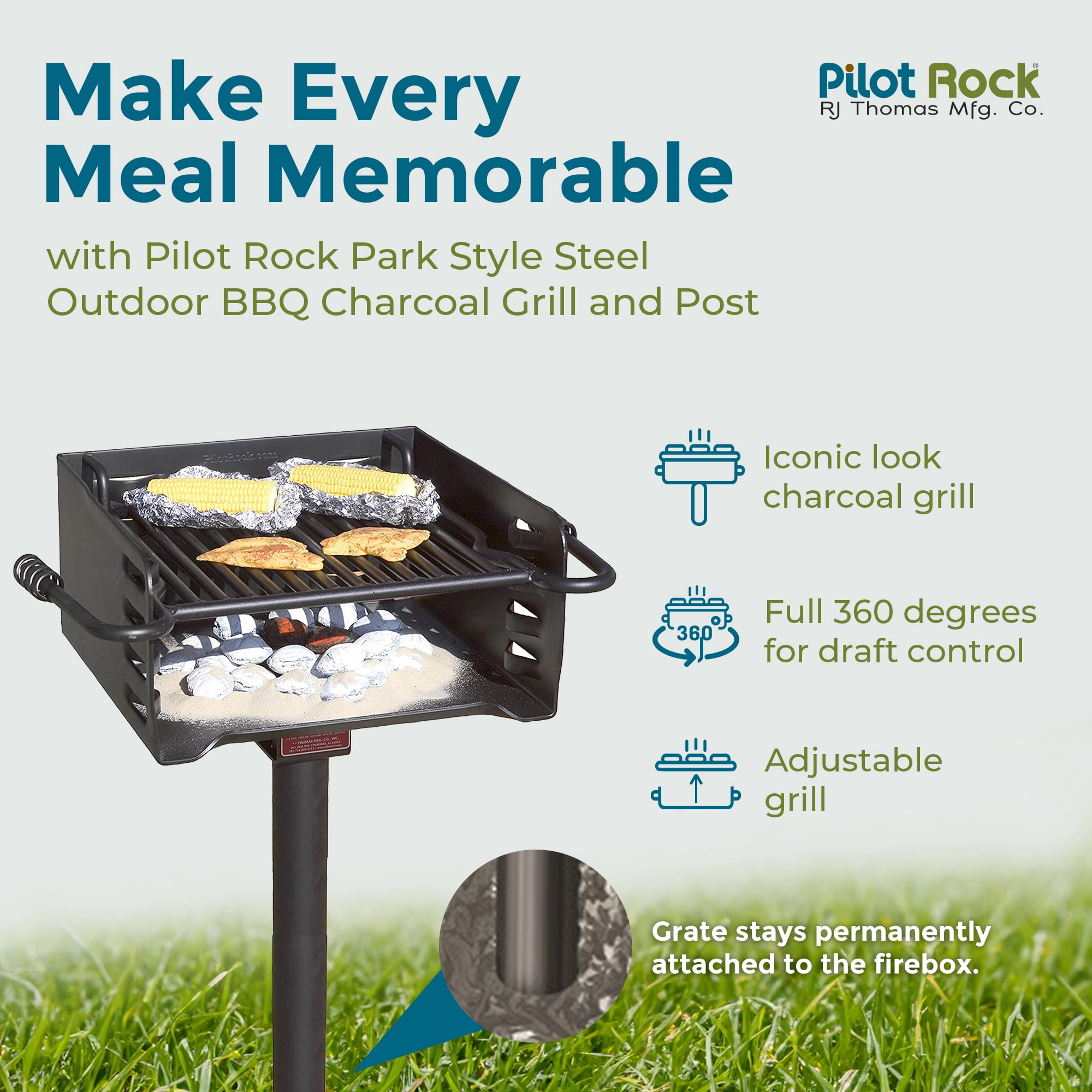 Pilot Rock Park Style Steel Outdoor BBQ Charcoal Grill and Post, Black