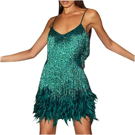 

Charella Women s Fashion Suspender Crewneck Sequin Feather Sleeveless Solid Mini Dress Party Dress Green S