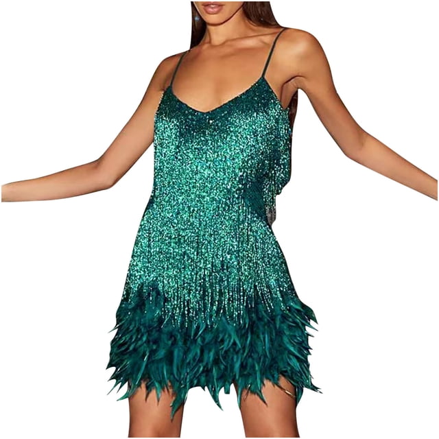 Pompotops Robe Mini Sans Manches à Paillettes et Plumes pour Femmes, Col Rond, Bretelles, Robe de Soirée