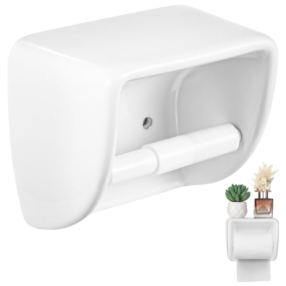 White Ceramic Toilet Paper Holder, Glazed Wall Mounted Tissue Dispenser with Detachable Shaft, Flat Top Shelf, Vintage Style Toilet Roll Holder for Bathroom or Kitchen Use