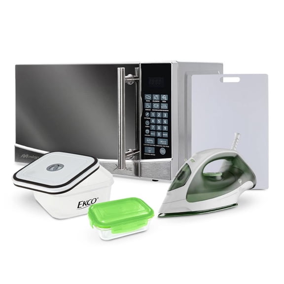 Combo de Microondas Mirage de 0.7 Pies³ MWD020E Silver + Plancha de Vapor Ligera, Fácil de Manejar GCSTBS3803VER + Accesorios de cocina
