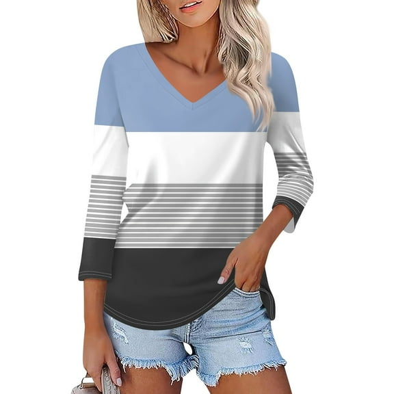 Shirt for Women's Fashion Casual V Neck 3/4 Sleeve Loose Printed T-Shirt Ladies Top