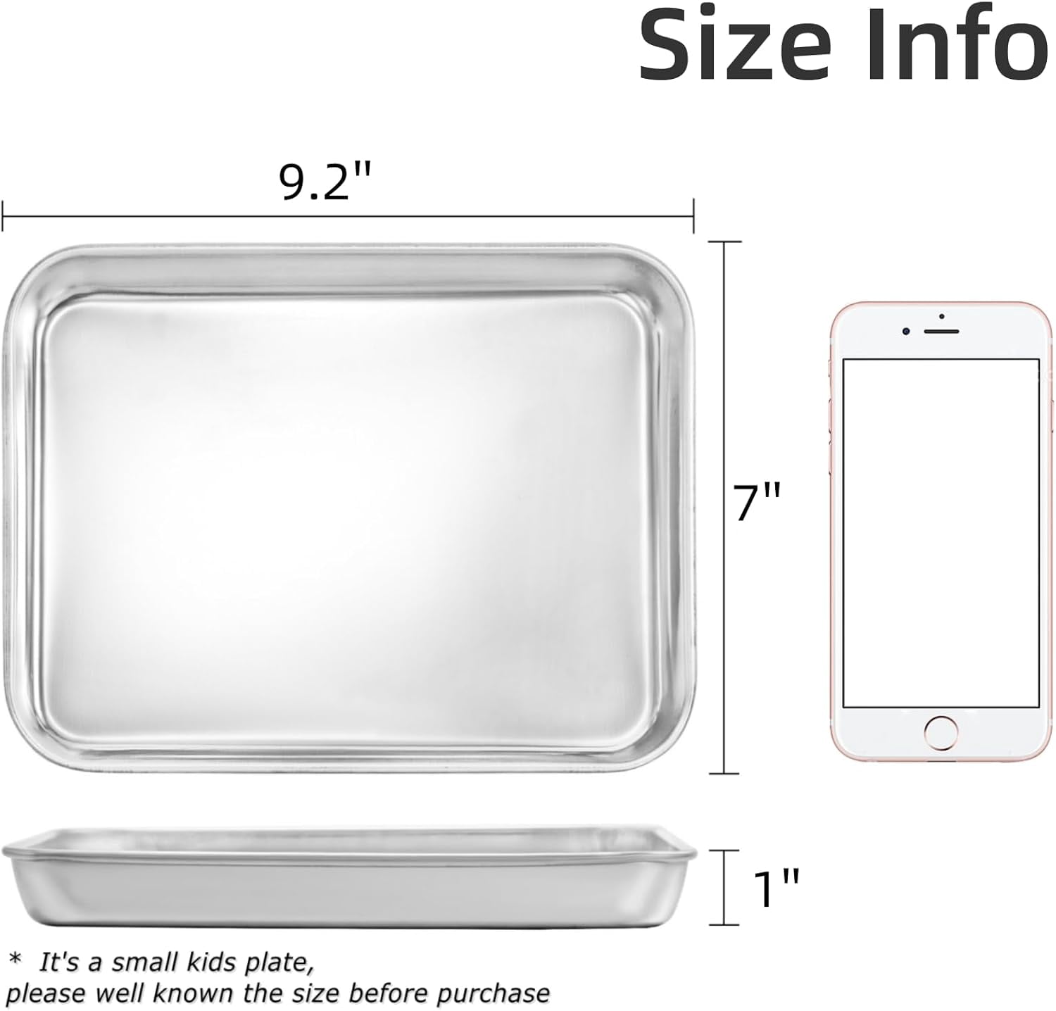 6 Pack Small Stainless Steel Plates, 9.2''L x 7''W Mini Metal Food Tray Plate, Portable Size Baking Sheets for Oven, Food Safe Smooth Polished for Picky Eaters, Campers, Hand Project