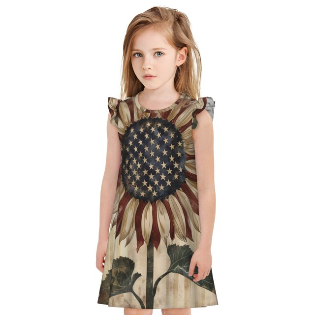 Fotbe USA Sunflower Flag Vestido de Dormir para Niñas de 3 a 10 Años, Mangas Cortas, Estilo Princesa, Pijama Camisón con Mangas Voladas-X-Large