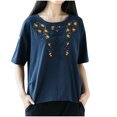 thumbnail image 2 of Lydiaunistar Womens Plus Size Spring Tops Embroidered Short Sleeve Blouse Round Neck Loose Casual Summer Fall Fashion Top Navy, 2 of 3