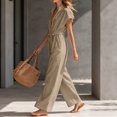 thumbnail image 4 of Women's Resort Jumpsuit, Casual Loose Wide Leg With Zip-Up Front & Stand Collar, Short Sleeve Vacation One-Piece With Belt Khaki XL, 4 of 5
