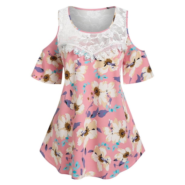Talla grande Hombro frío Encaje Inserte Blusa de impresión floral Rosegal Blusas Tallas Grandes