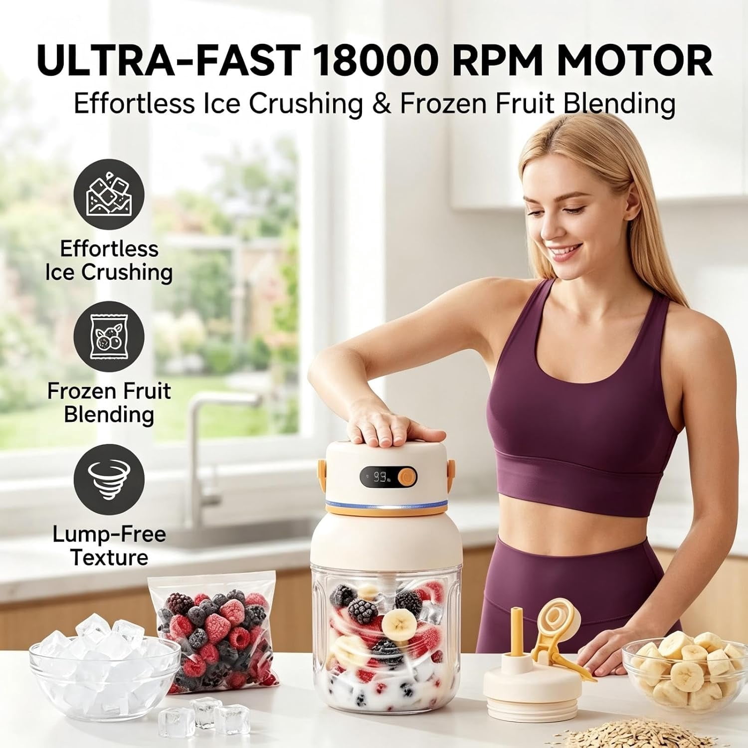 Portable Electric Juicer Cup with Zero Cord Hassle,Wireless Personal Juicer Cup USB Rechargeable Blender,Leakproof Lid,40 Seconds,for Shakes and Smoothies(1000ML)