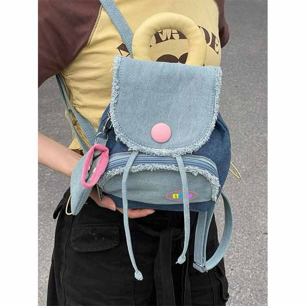 Mini Mochila coreana Vintage Harajuku, Mochila con botón de mezclilla Donut, mochilas estéticas azules Y2k, nueva moda informal Fivean unisex