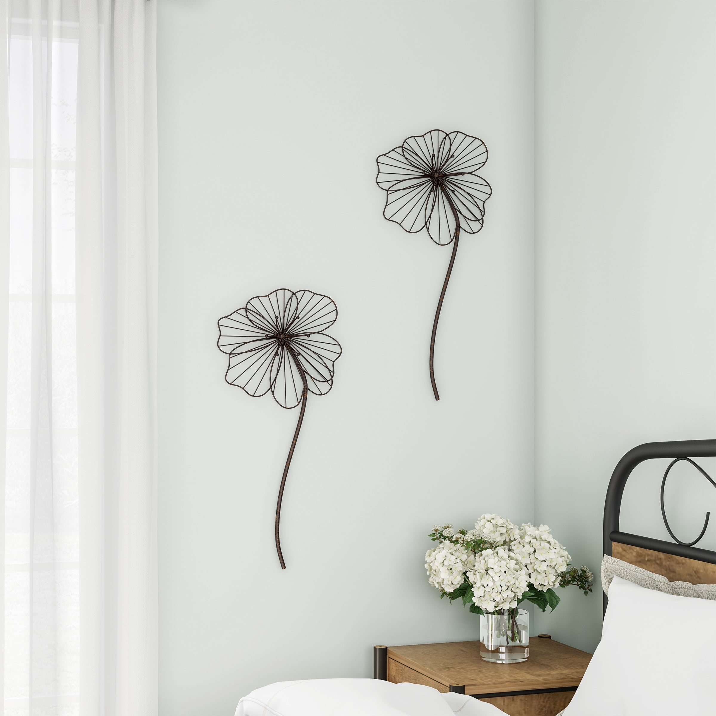 Wall Decor-Rustic Metal Wire Stemmed Flower Sculpture Hanging Accent Art for Living Room, Bedroom or Kitchen by Lavish Home (Brown)
