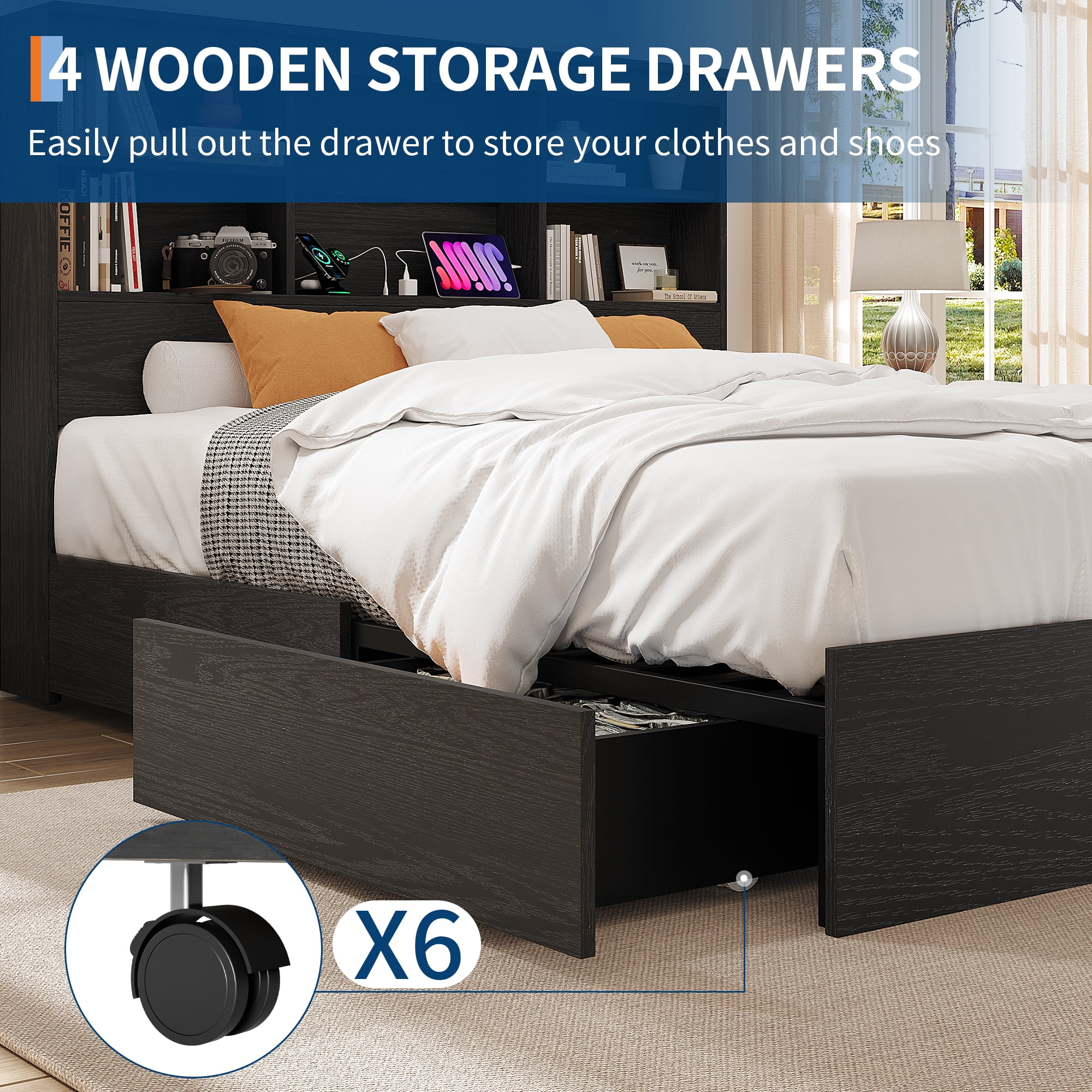 Full Size Bed Frame with Storage Headboard, Metal Frame Platform Bed, Built-in Charging Station, No Box Spring Needed, Noise-Free