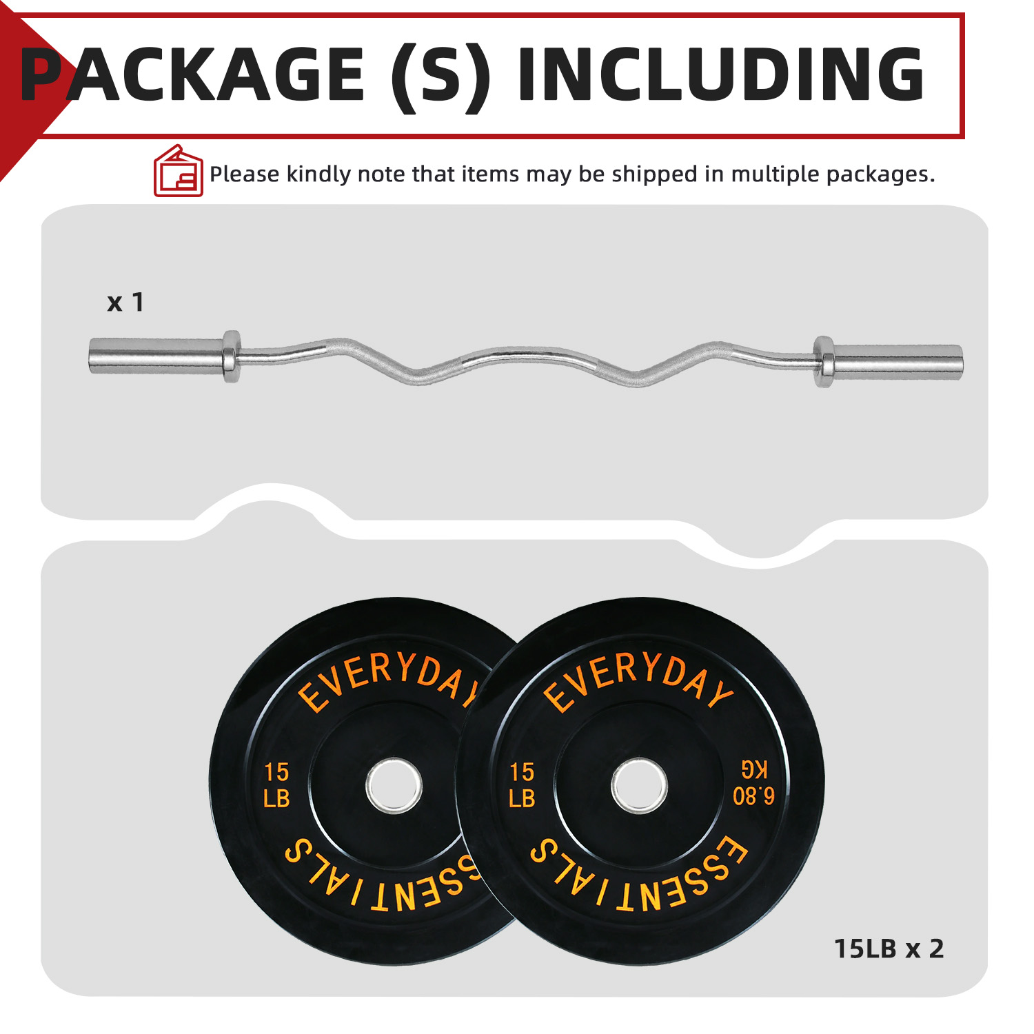 FlexWave 55LB Curl Barbell Set with 4FT EZ Bar and Pair of 15LB Rubber-Coated Weight Plates, Home Strength Training Kit