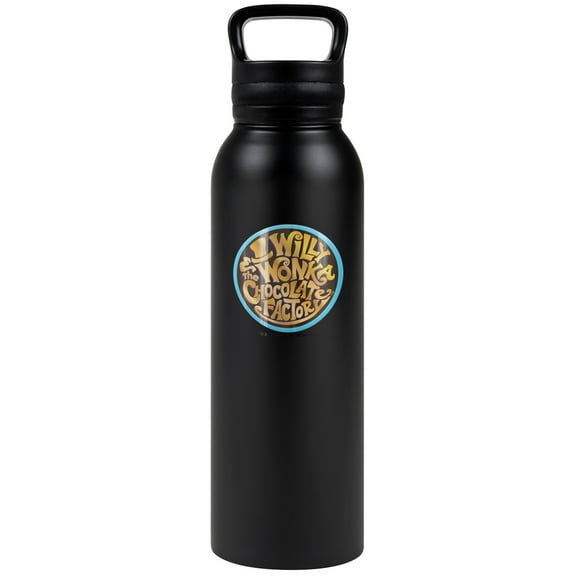 Willy Wonka And the Chocolate Factory Official Logo 24 oz Insulated Canteen Water Bottle, Leak Resistant, Vacuum Insulated Stainless Steel with Loop Cap, Black