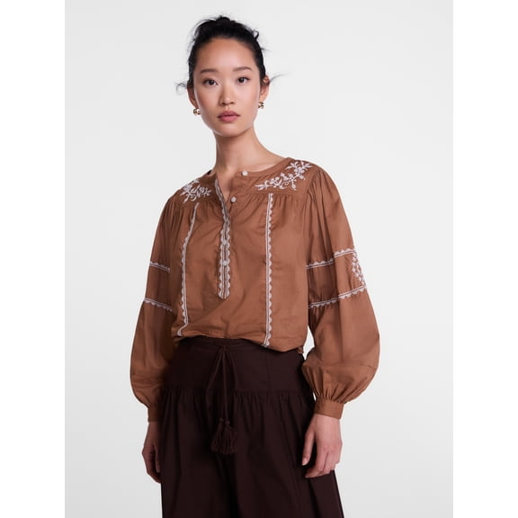 Scenario Women's and Women's Plus Embroidered Top with Long Sleeves, Sizes XS-4X