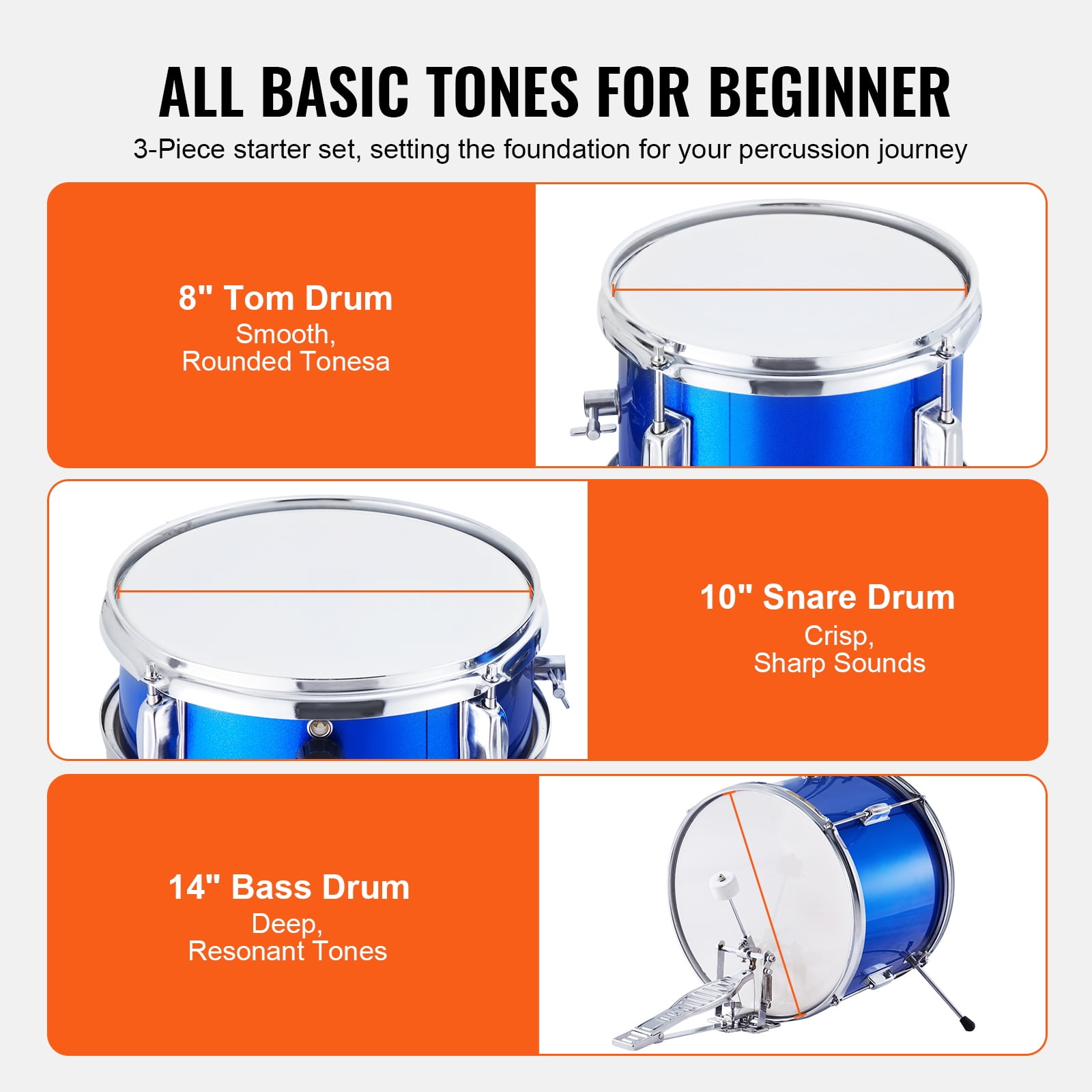 KFFKFF Children's Drum Kit, 3-Piece Set Drum, 14 '', Includes Adjustable Seat, Cymbal, Pedal, 2 Drumstick Pairs, 8'' Tom, 10'' Snare, 14'' Bass Drums, Ideal for Beginners, Blue