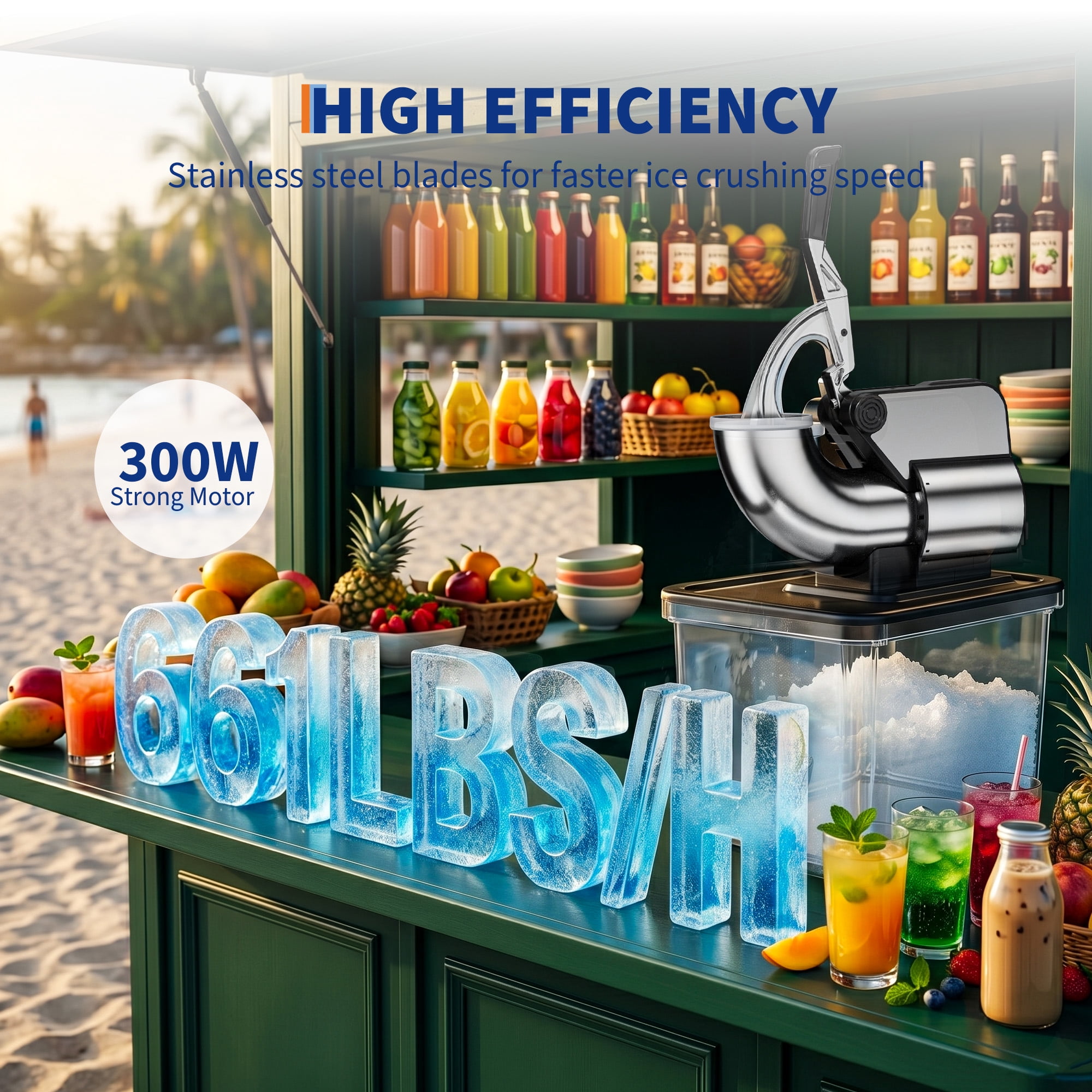 Commercial Ice Crusher Shaver with Four Blades, Electric Snow Cone Maker Machine, 300W Shaved Ice Machine with Safety Switch for Both Home and Commercial Use, 661LBS/H