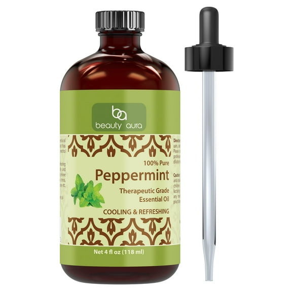 Beauty Aura 100% Pure Peppermint Essential Oil (Mentha Piperita) 4 Fl. oz | Best use with Oil Diffusers, Potpourri, and Wicking Fragrance Diffusers | Made in USA