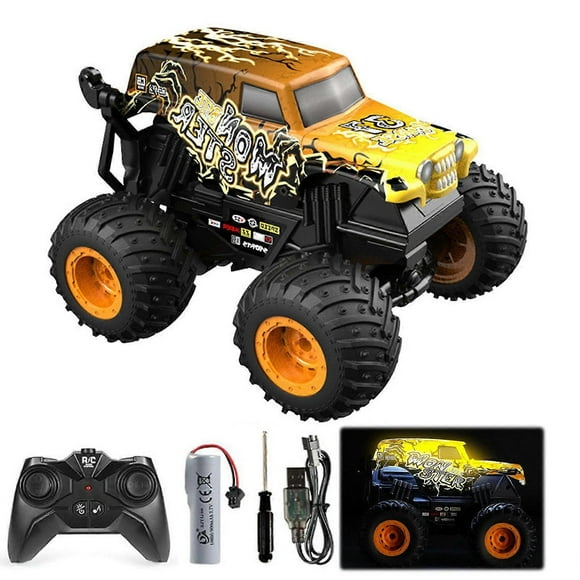 RC car 2.4GHz monster truck with LED light remote control toy car yellow for kids_Perfect Gift