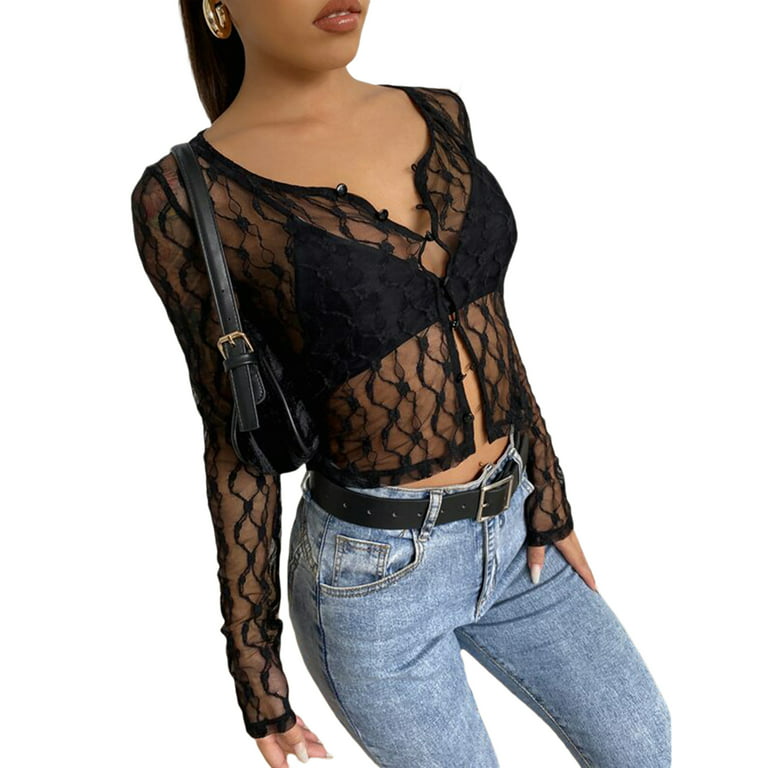 Women Sexy See Through Sheer Mesh Shirt Long Sleeve Button Down Blouse Crop  Top Clubwear Streetwear