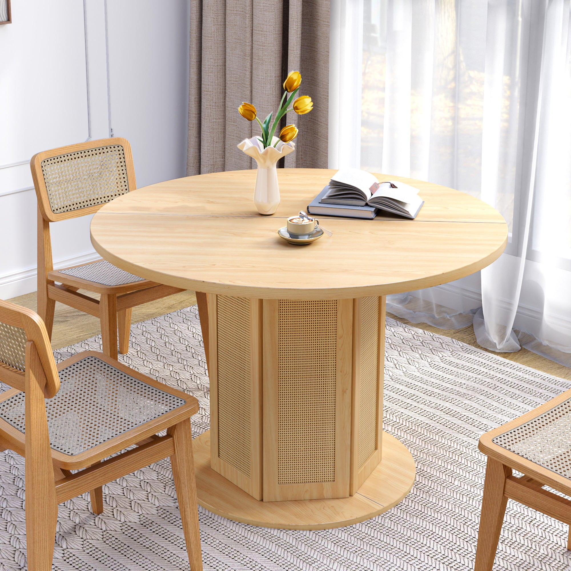 COSVALVE 47 Inch Boho Dining Table – Tempered Glass Top With Rattan & Metal Legs For Kitchen, Living Room-735506