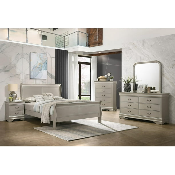 Modern Sleigh Bedroom Set Silver Color, White And Silver Dresser Nightstand