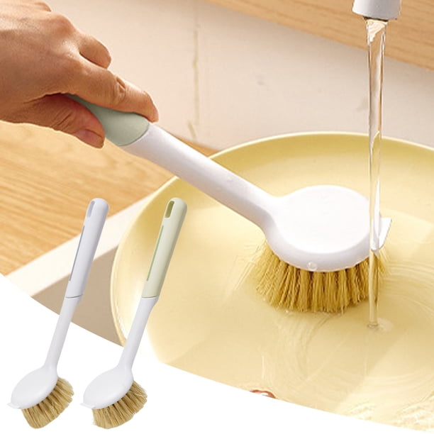 Cepillo de mango largo para utensilios antiadherentes - Cepillo de limpieza de cocina de dos paquetes con cerdas quitamanchas, verde y blanco