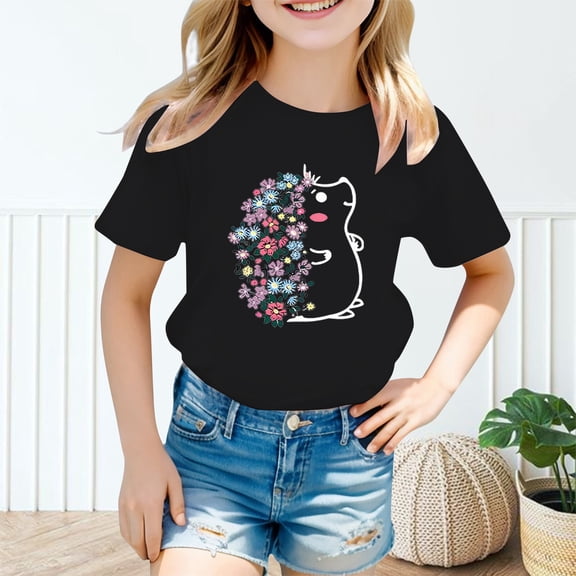 TOOYOU Girls T-Shirt Kid Cute Little Hedgehog Graphic Round Neck Short Sleeve Base Shirts Versatile Basic Top Black Size 3-4 Years