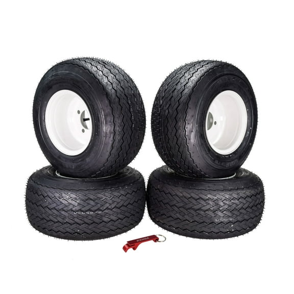 Kenda Hole-N-One 18x8.5-8 Golf Cart Tires (4 Ply) & White Wheel Assembled Kit Set with Keychain - 4 Pack