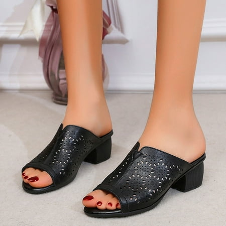 

〖Jisuan〗Cushionaire Sandals Women Ladies Fashion Summer Solid Color Hollow Carved Thick High Heel Retro Sandals