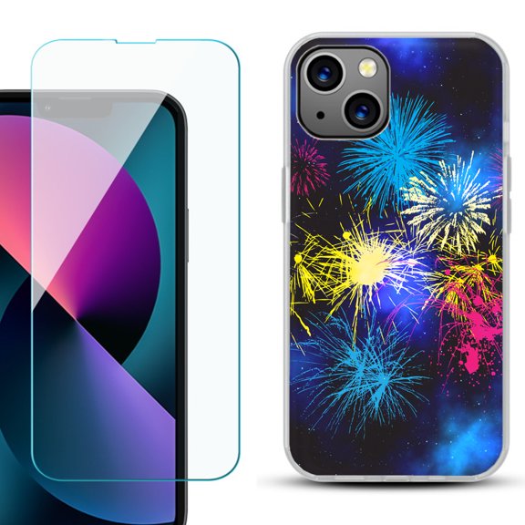 Slim-Fit Gel TPU Phone Case for iPhone 13 Mini, with Tempered Glass Screen Protector, by OneToughShield ® - Fireworks