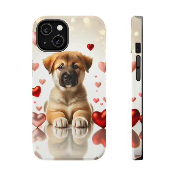 DistinctInk Tough Case for Apple iPhone 14 (6.1" Screen), Compatible with MagSafe Charging - Valentine's Day Chinook Puppy