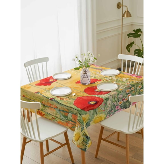 Poppy Botanical Tablecloth Rectangle Table Cloth 52x70, Waterproof Outdoor Table Cloth Covers Decorative Table Protector, Vintage Floral Yellow Ombre Washable Table Cover for Kitchen Dinning Party