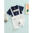 thumbnail image 3 of hirigin Baby Boy's Romper, Lapel Collar Short Sleeve Bow-Tied Plaid Printed One Piece Patchwork Jumpsuit, 3 of 9