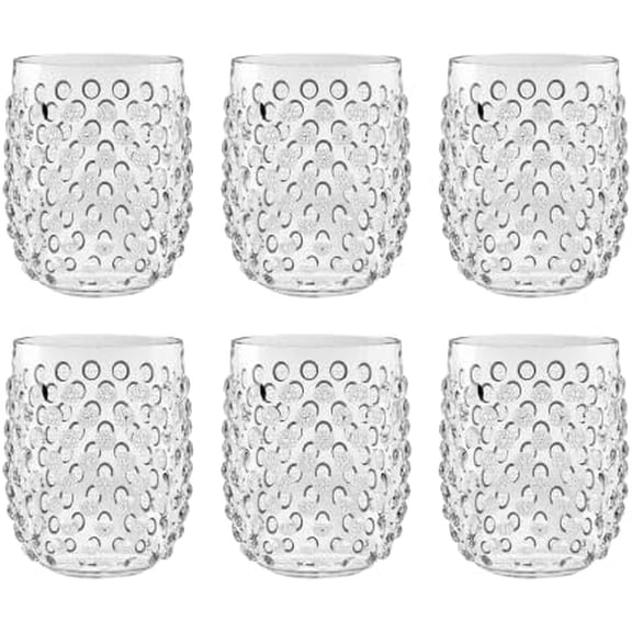 Hobnail Premium Plastic Drinkware Stemless Tumbler/Wine, 15 Ounce, Clear, Set of 6