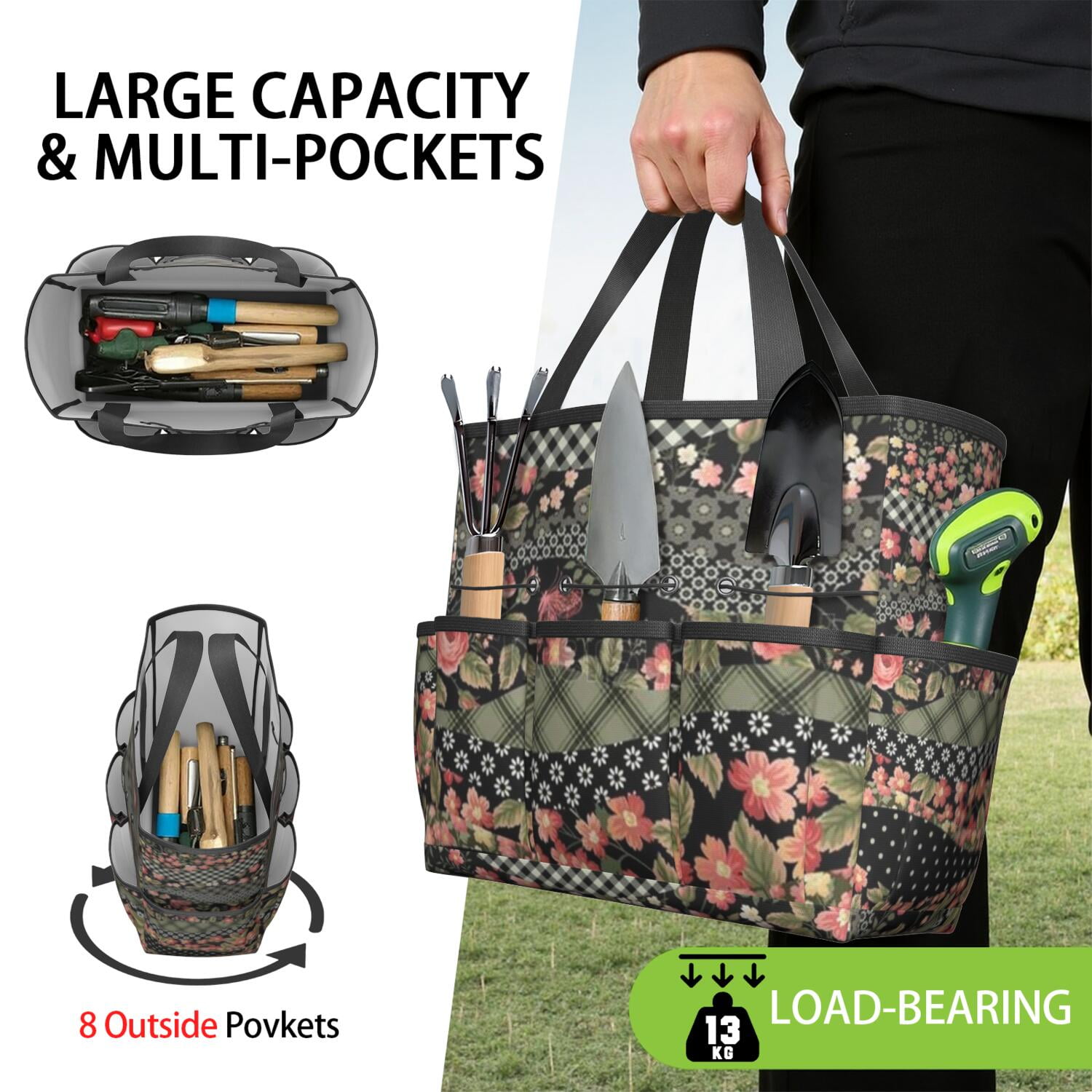 Garden Tool Bag,Pioneer Flower Floral Print Pattern Garden Tool Organizer,Garden Gifts,Waterproof Multi-Pocket Garden Tool Storage 11.8x5.5x11.4 Inch(Tools NOT Included)