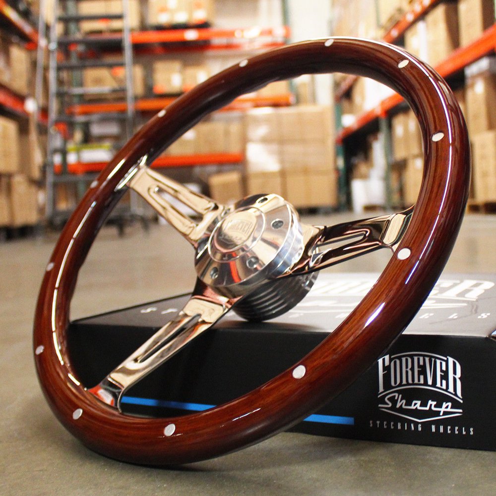 14" Slotted 3 Spoke Steering Wheel Dark Wood Riveted Grip, 6 Hole Chevy