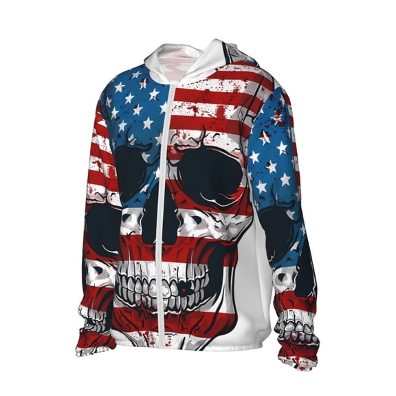 Uemuo American Flag Skull Pattern Women's Full Zip UPF 50  Sun Protection Hoodie Jacket Long Sleeve Sun Shirt Hiking Outdoor Performance with Pockets-