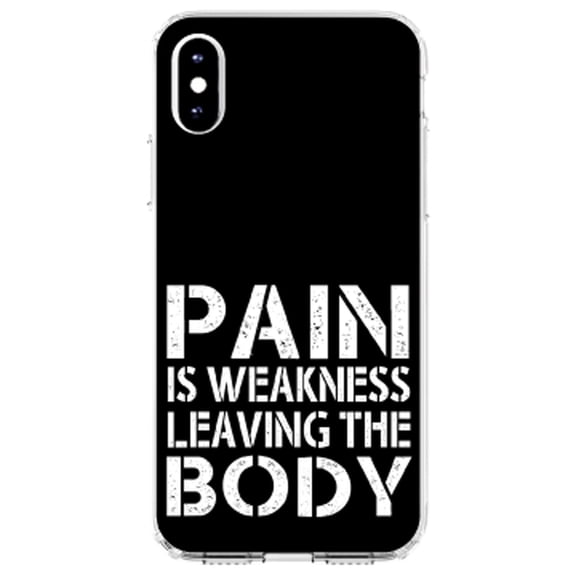 DistinctInk Clear Shockproof Hybrid Case for iPhone XR (6.1" Screen) - TPU Bumper, Acrylic Back, Tempered Glass Screen Protector - Pain is Weakness Leaving the Body - Inspirational Quote