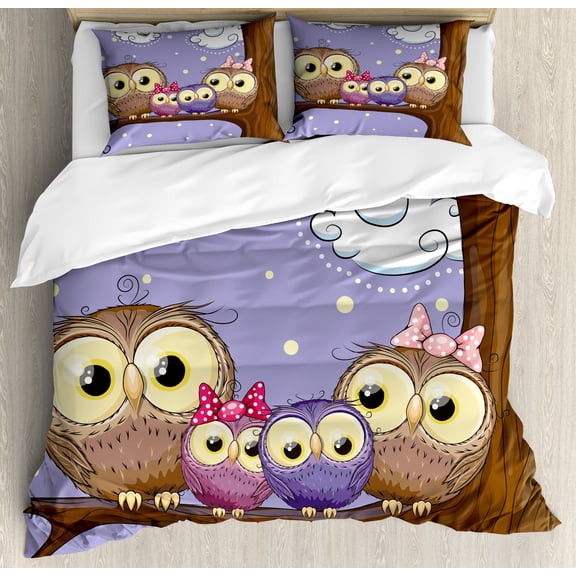 Ambesonne Bird Duvet Cover Set, Cartoon Style Owl Family, Queen, Lavender and Brown