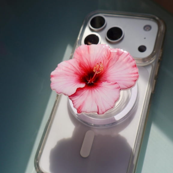 Pink Hibiscus Phone Grip: Magnetic Floral Phone and E-Reader Holder
