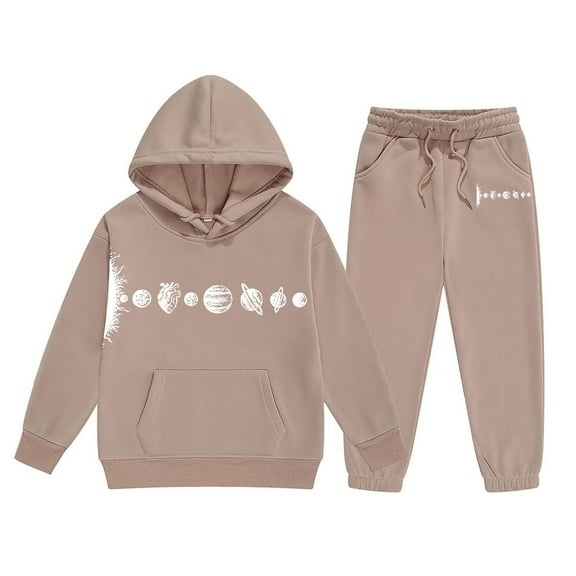 Zylarhe Girls Boys Sweatshirt Girls Outfits&Set Reindeer Girls' Hoodie Set Two Piece Set Solid Color Long Sleeved Hoodie and Sweatpants for Medium and Small Children Khaki 10-11 Years