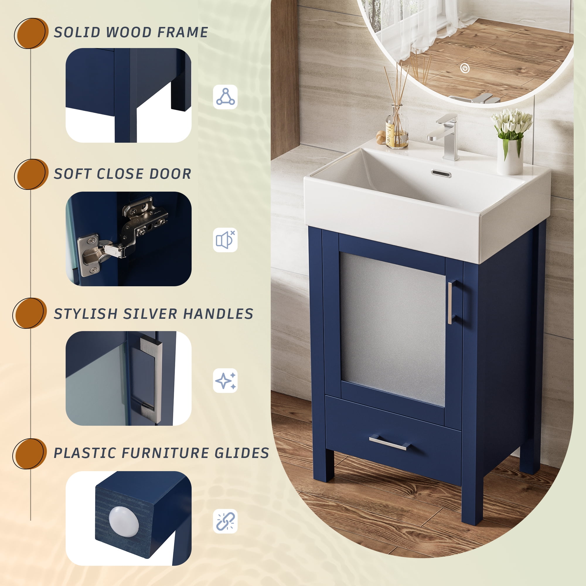 Euroco 20" Bathroom Vanity with Ceramic Sink, Frosted Glass Doors, Soft-Close Door, Solid Wood Legs – Modern Space-Saving Design