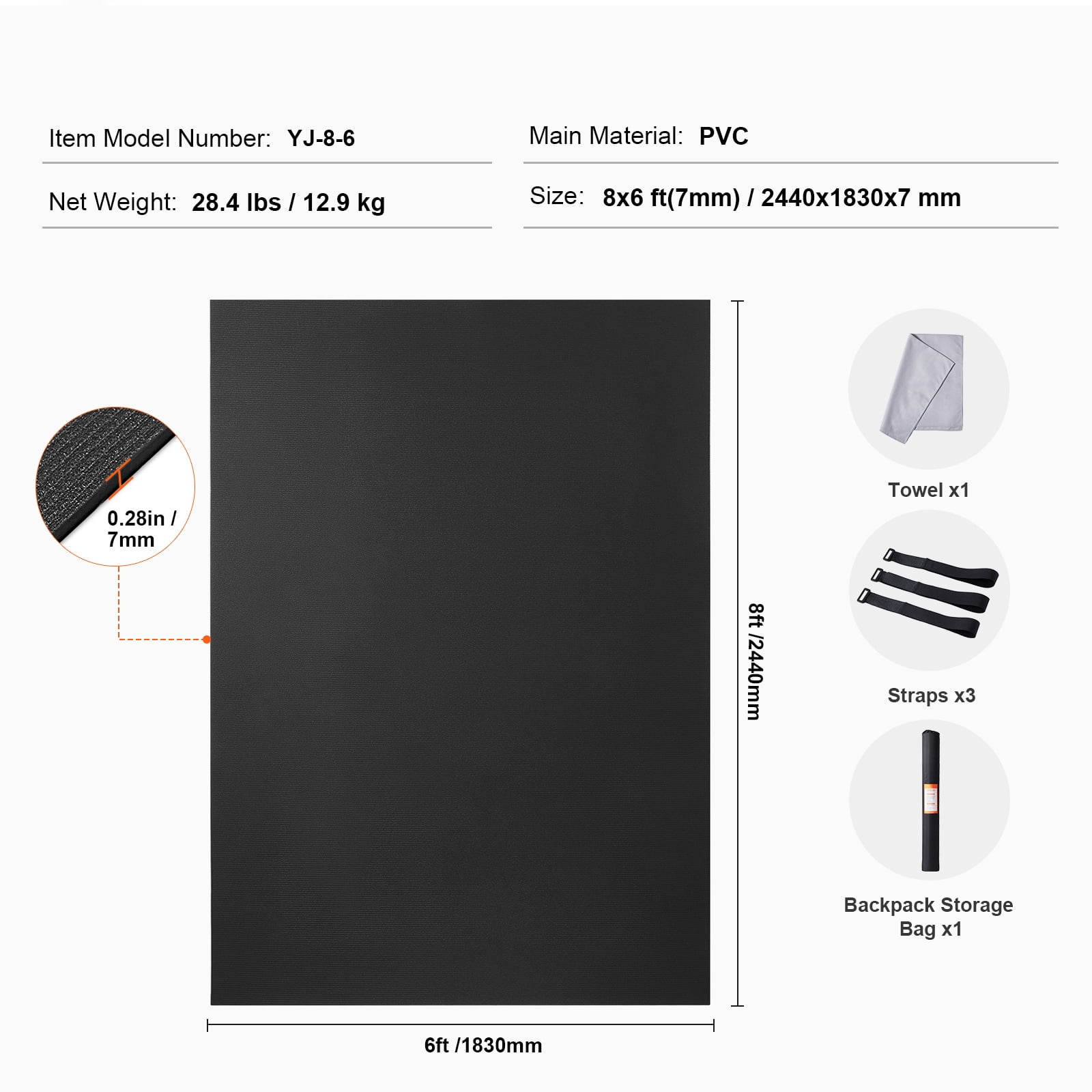 KFFKFF 8x6ft Large Fitness Mat, Durable Non-Slip Yoga Mat, Universal Exercise Mat for Both Genders, Includes Bag & Strap, Suitable for Home Yoga, Pilates & Floor Exercises