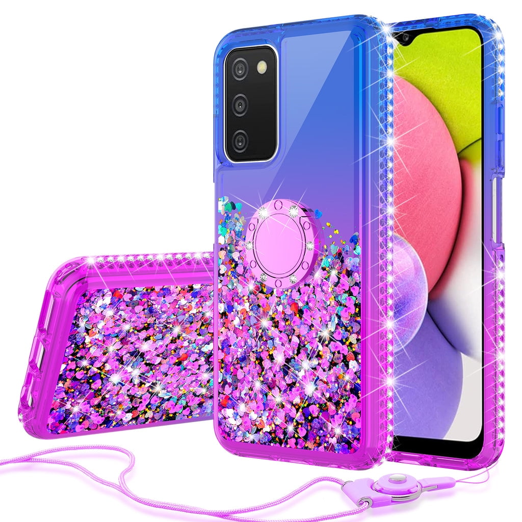 Liquid Quicksand Glitter Cute Phone Case for Samsung Galaxy A03S Case Ring Kickstand for Girls