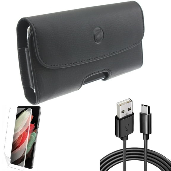 Case Belt Clip w 6ft USB Cable w Matte Screen Protector for Samsung Galaxy S21 Plus - Leather Holster, Type-C Charger Cord, TPU Film Anti-Glare Accessory Bundle