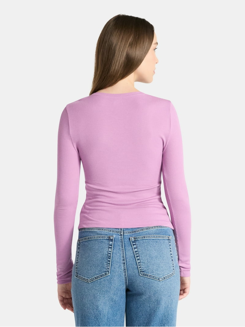 No Boundaries V-Neck Ribbed Top with Long Sleeves, Women's