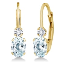 Gem Stone King 14K Yellow Gold Sky Blue Aquamarine and White Diamond Leverback Earrings for Women | 0.93 Cttw | Gemstone March Birthstone | Oval 6X4MM, Round 2MM | 3/4 inch