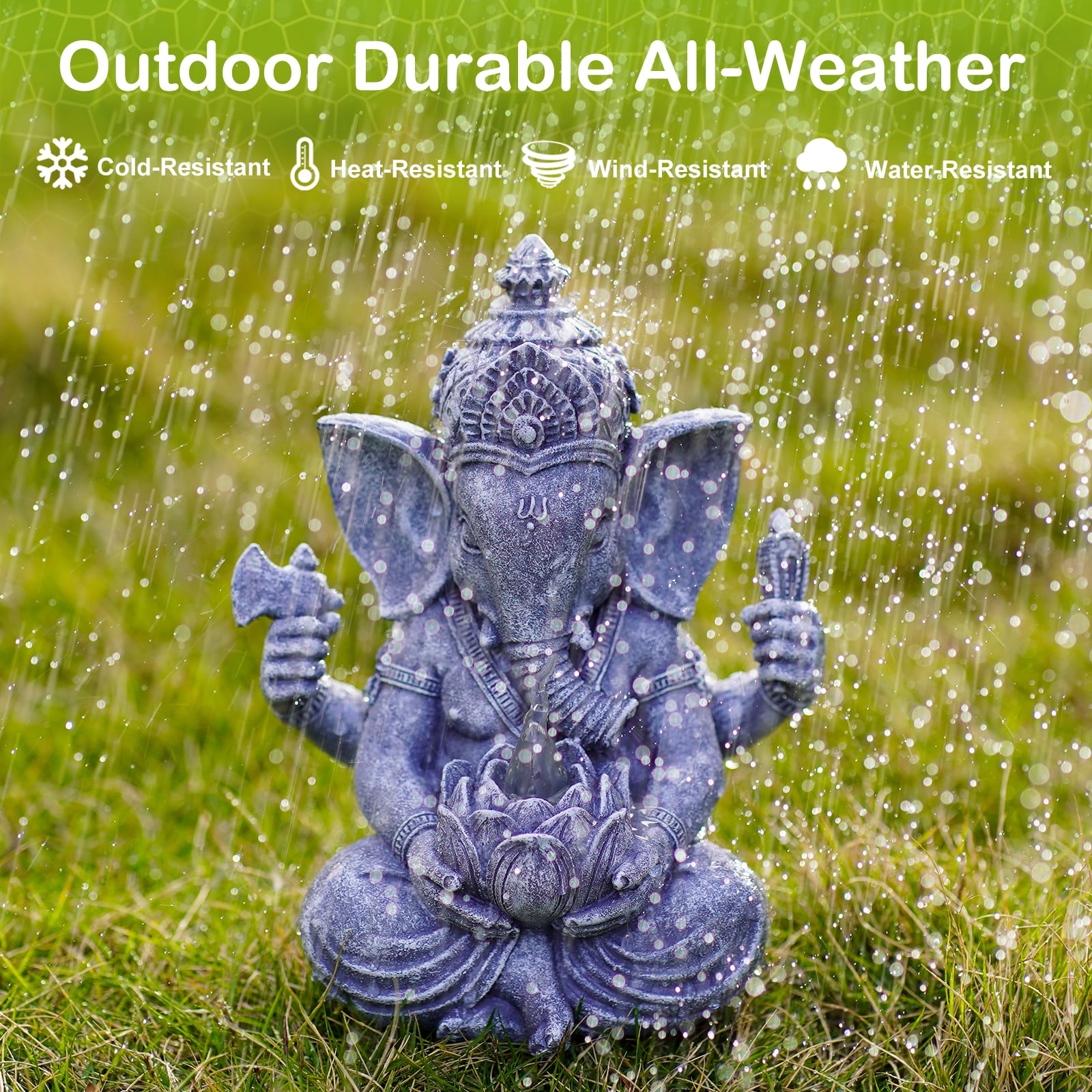 Solar Ganesha Elephant Garden Statues -Outdoor Sculptures with Lotus Lights Decor for Garden Yard Art