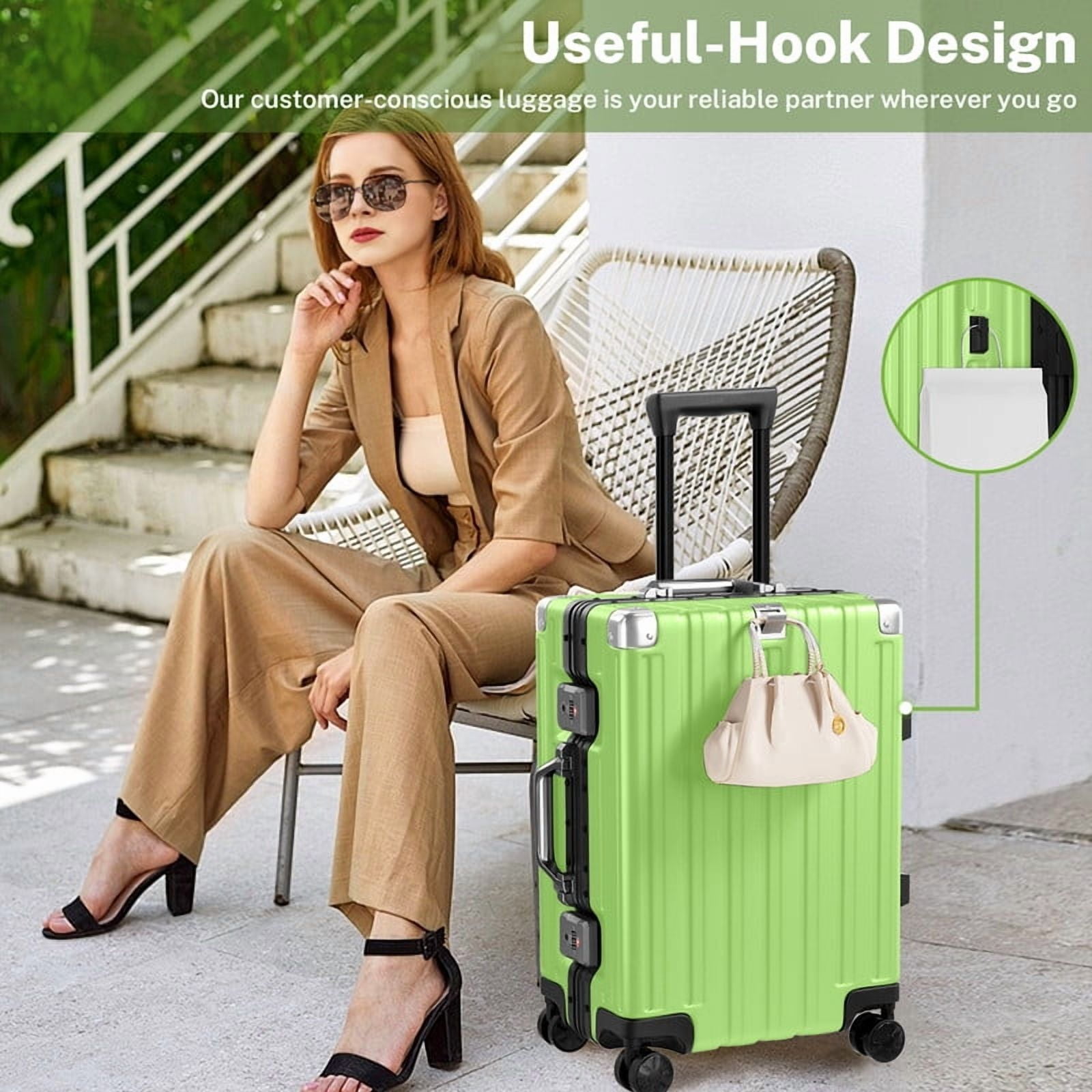 Checked Luggage Aluminum Frame Suitcase with Wheels PC ABS Hardside Zipperless with TSA Lock 24 Inch Green